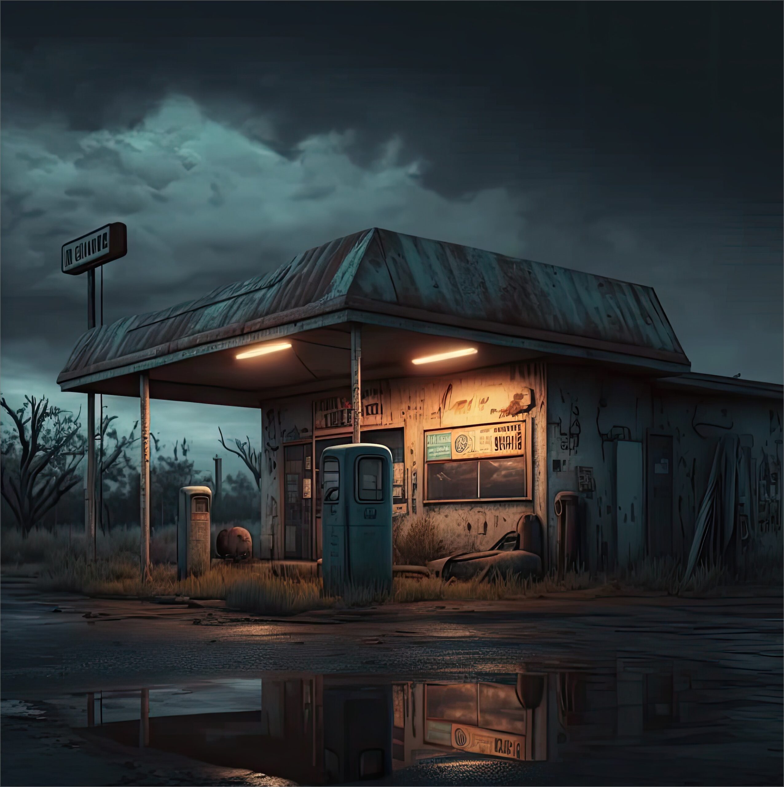 AI-generated image of an abandoned gas station at night