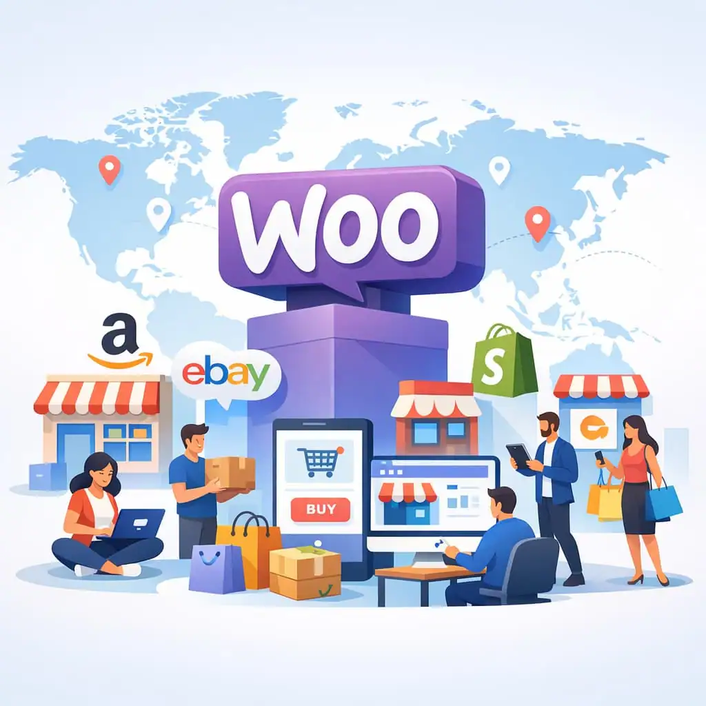 E-commerce scene featuring WooCommerce at the center, surrounded by various online marketplace icons (Amazon, eBay, Shopify) and shoppers engaging with products.