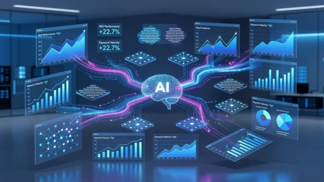 Visual representation of AI data analysis, featuring various graphs and statistics on a futuristic interface. Highlights AI's role in data trends and insights.